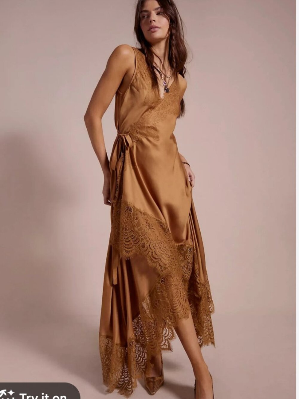 Nigel Preston x Free People Soho Wrap Midi Dress in Caramel Brown – Size Small